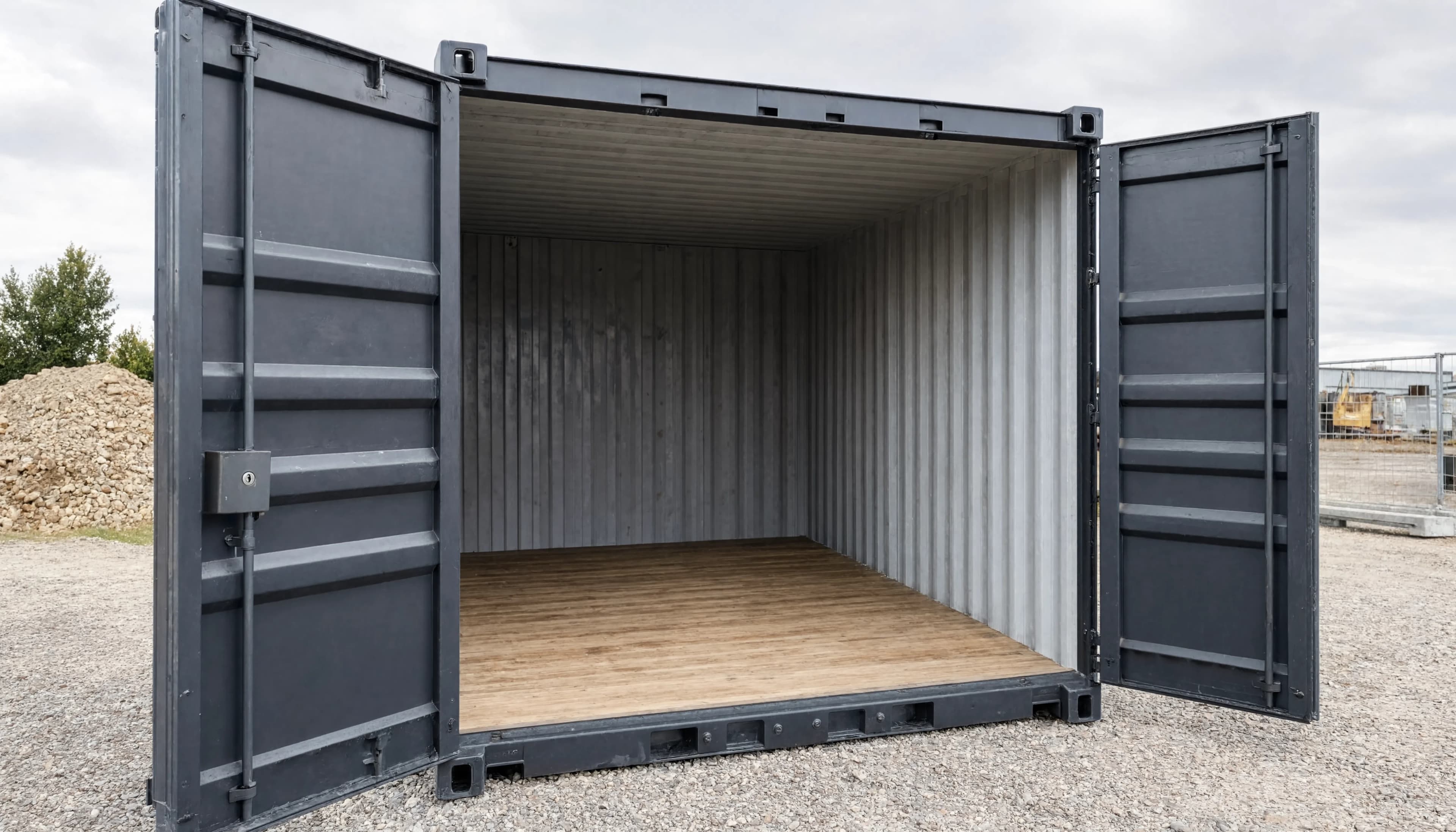 Abbildung eines geöffneten Seecontainers zur Lagerung auf einem Grundstück