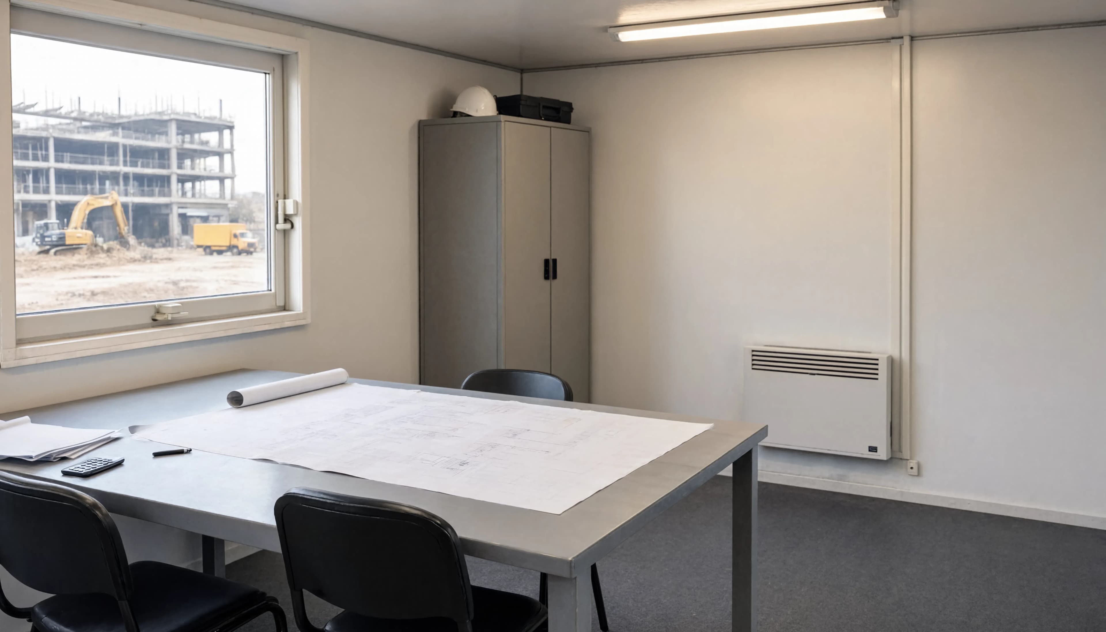 Darstellung eines modularen Arbeitsbereichs mit Möbeln, Fenster und Heizung; Ausbau für jeden Container individuell festzulegen