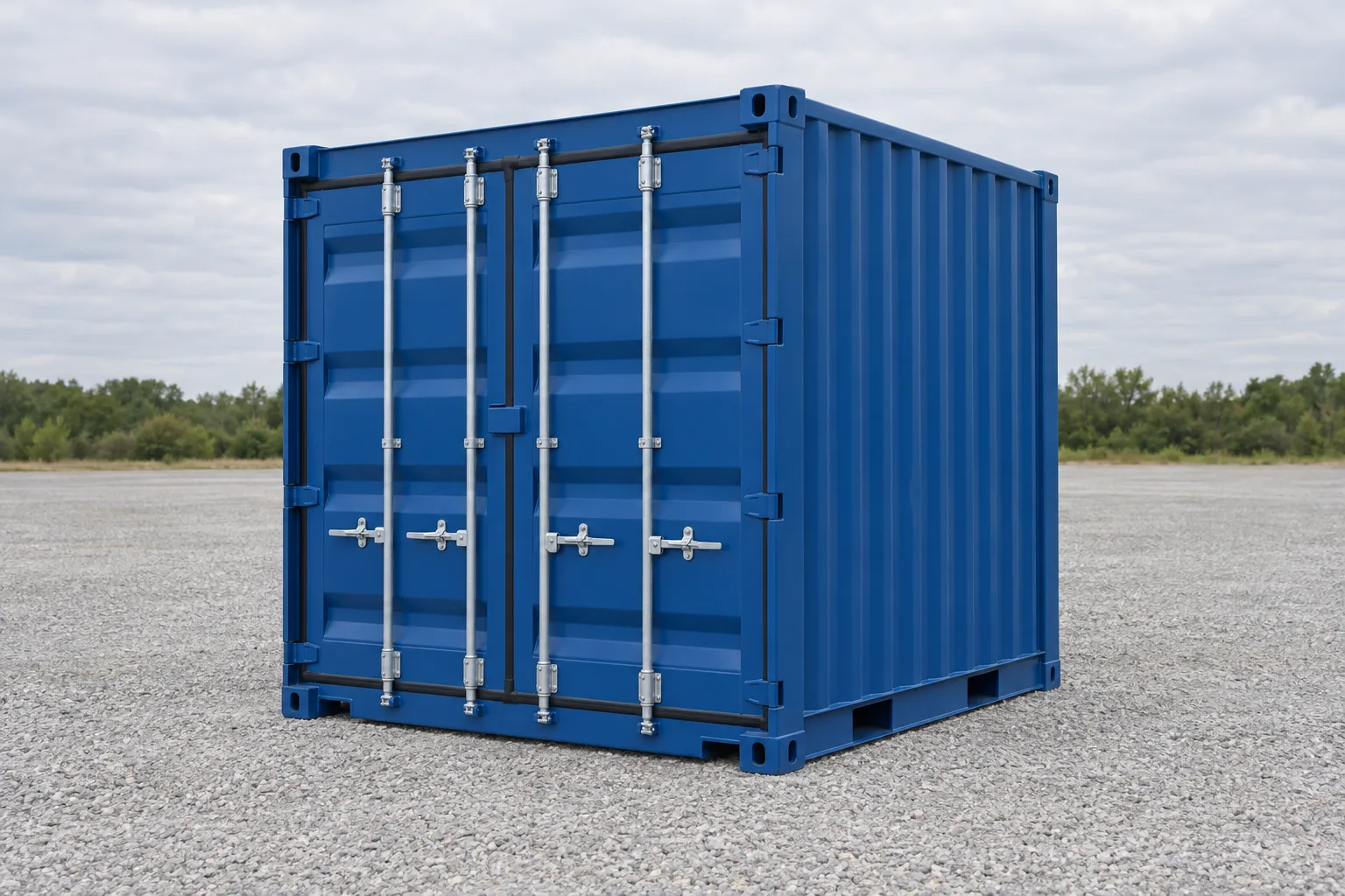 Abbildung eines blauen 10-Fuss-Seecontainers in Dreiviertelansicht, kurz und fast so hoch wie lang, geschlossene Türen. Angegebene Masse: Höhe 2,59 m, Breite 2,44 m, Länge 2,99 m