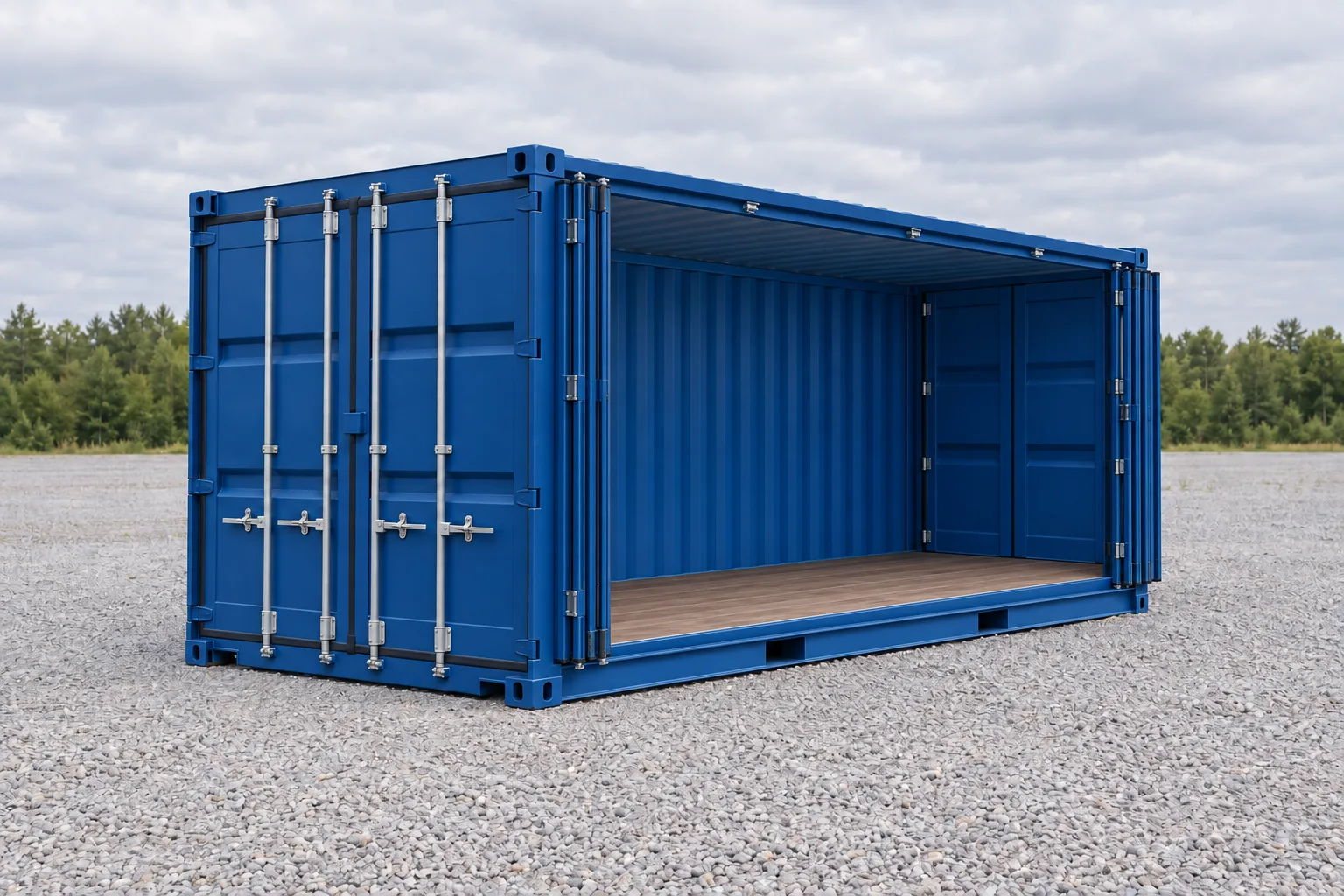 Abbildung eines blauen 20-Fuss-Open-Side-Containers in Dreiviertelansicht, Längsseite geöffnet, leerer Innenraum und Holzboden. Angegebene Masse: Höhe 2,59 m, Seitenöffnung ≈ 5,90 m