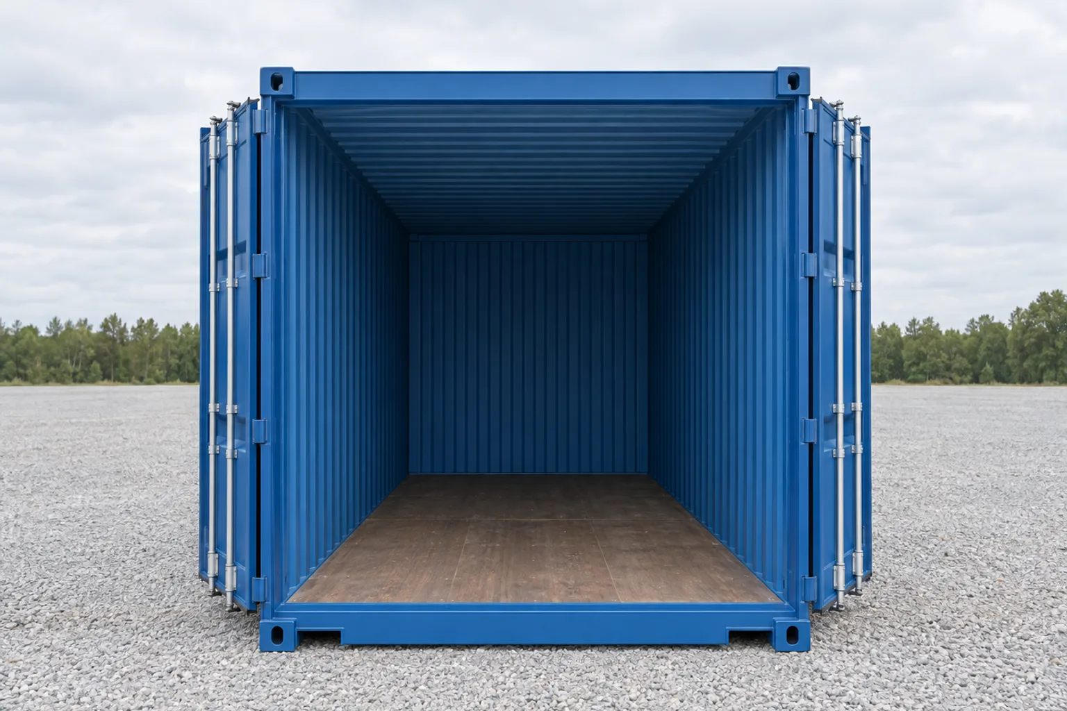 Abbildung eines blauen 20-Fuss-Standardcontainers in Frontansicht, beide Türen geöffnet auf einen leeren Innenraum mit Holzboden. Angegebene Masse: Breite der Türöffnung 2,34 m, Höhe der Türöffnung 2,29 m