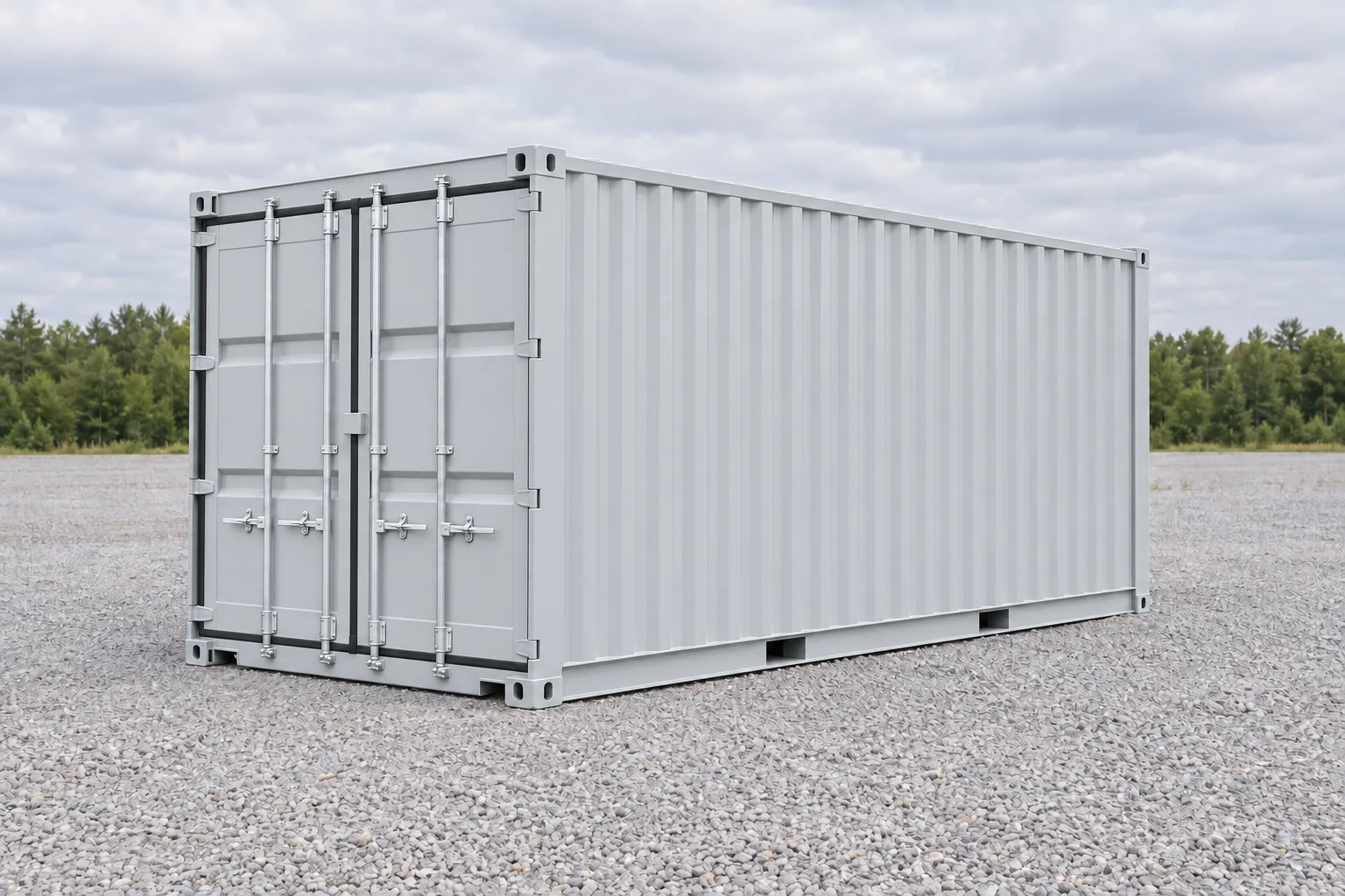 Abbildung eines hellgrauen 20-Fuß-Seecontainers, One-Trip, mit neuer Lackierung, in Dreiviertelansicht, geschlossene Türen. Angegebene Maße: Höhe 2,59 m, Breite 2,44 m, Länge 6,06 m
