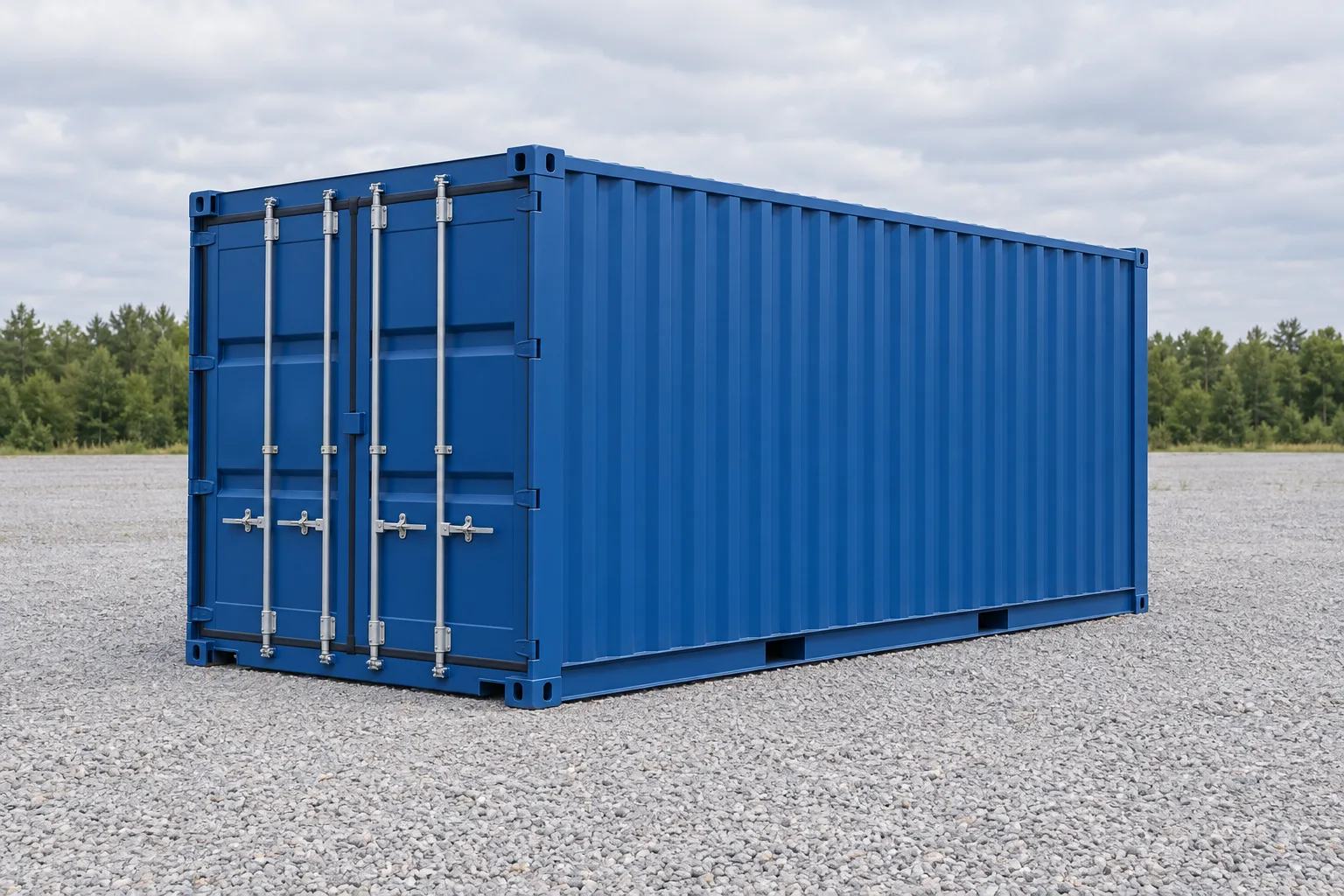 Abbildung eines blauen 20-Fuss-Standard-Seecontainers in Dreiviertelansicht, geschlossene Türen, auf einem geschotterten Hof stehend. Angegebene Masse: Höhe 2,59 m, Breite 2,44 m, Länge 6,06 m