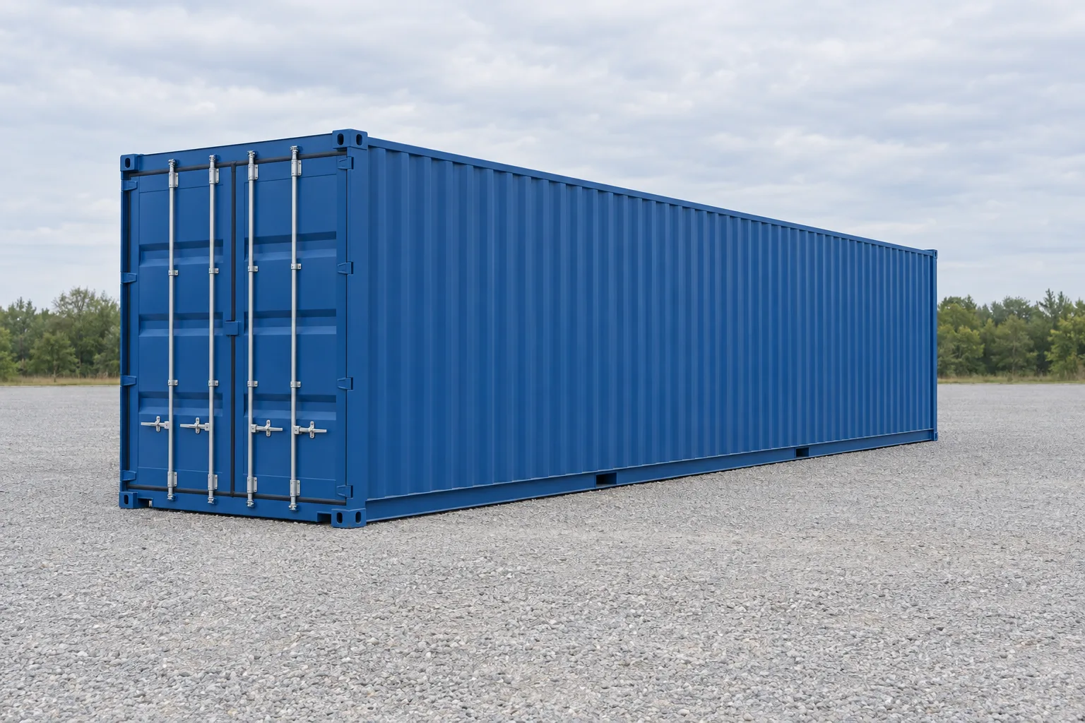 Abbildung eines blauen 40-Fuß-High-Cube-Seecontainers, höher als ein Standardcontainer, in Dreiviertelansicht, geschlossene Türen. Angegebene Maße: Höhe 2,90 m, Länge 12,19 m