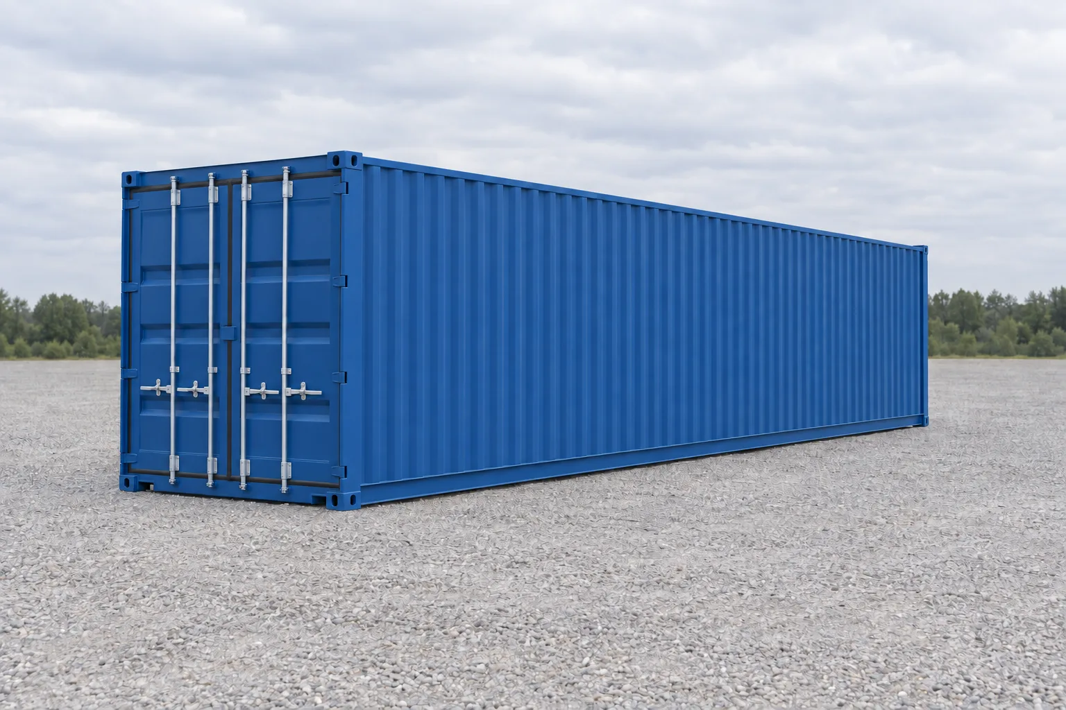Abbildung eines blauen 40-Fuß-Standard-Seecontainers in Dreiviertelansicht, geschlossene Türen und lange Längsseite aus Wellblech. Angegebene Maße: Höhe 2,59 m, Breite 2,44 m, Länge 12,19 m