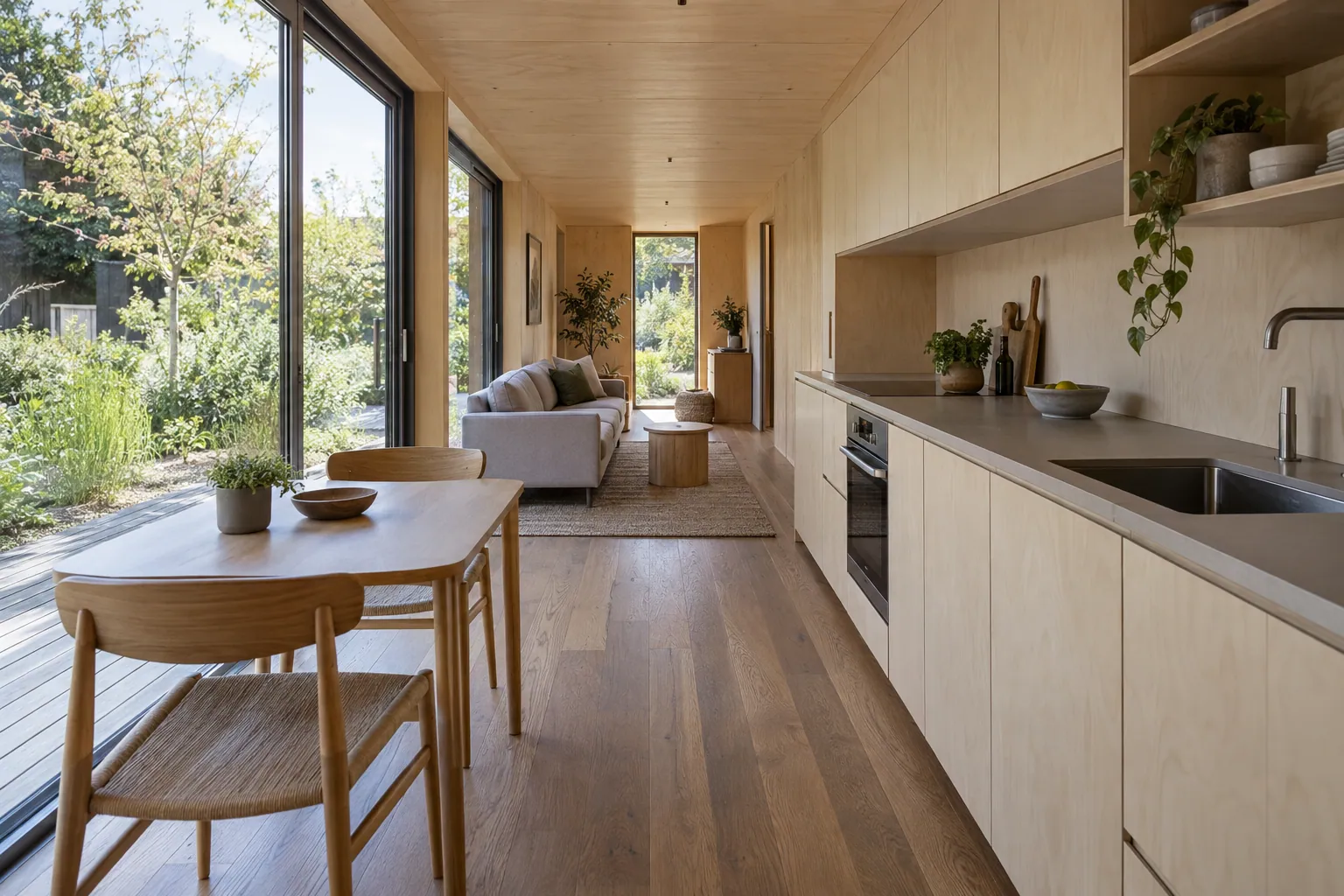 Illustration des Innenraums eines Containerhauses: lang gestreckter Wohn- und Küchenbereich, helle Holzverkleidungen, eine große Fensterfront, die sich zum Garten öffnet