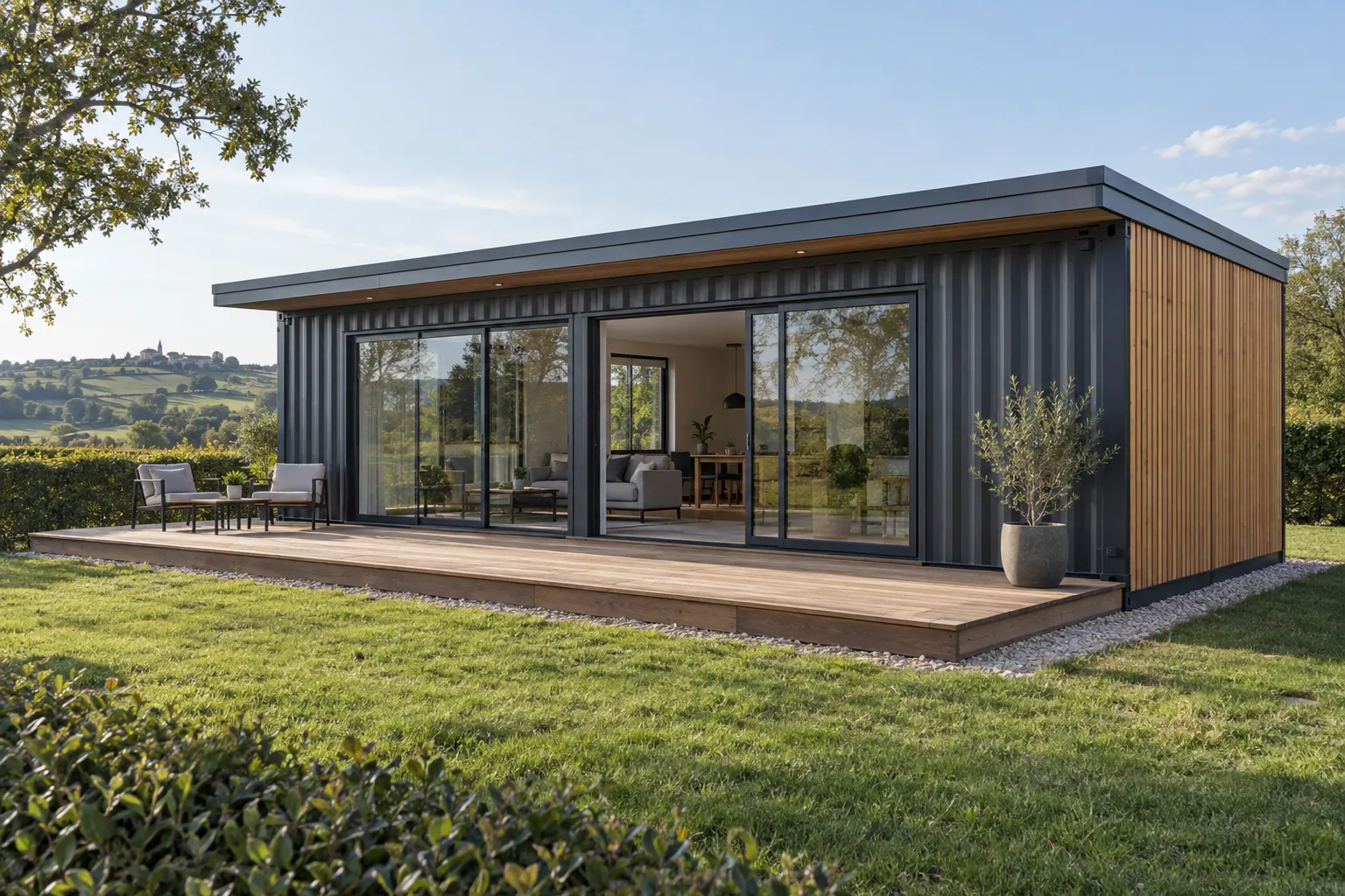 Illustration eines ebenerdigen Containerhauses aus anthrazitgrauen Containern, mit großen Fensterfronten, einer Holzfassade und einer Terrasse auf einem Grundstück auf dem Land