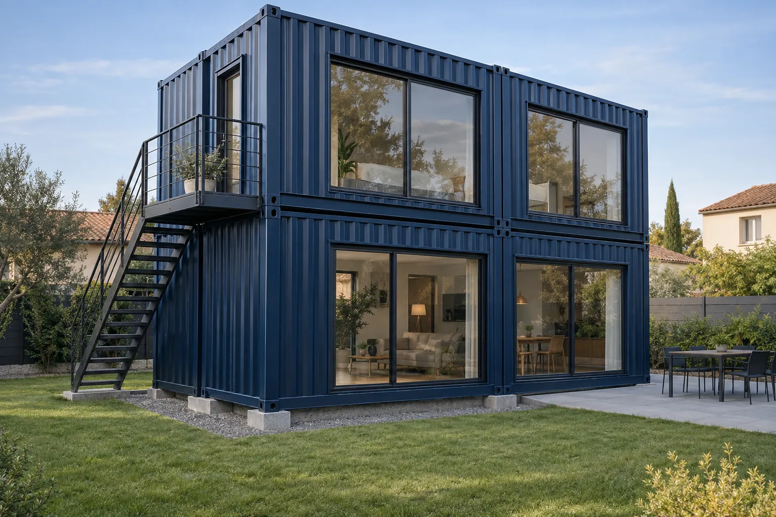 Illustration eines Containerhauses über zwei Ebenen, gestapelte dunkelblaue Container, grosse Fenster, eine metallene Aussentreppe und ein Balkon, auf einem Grundstück in einem Neubaugebiet