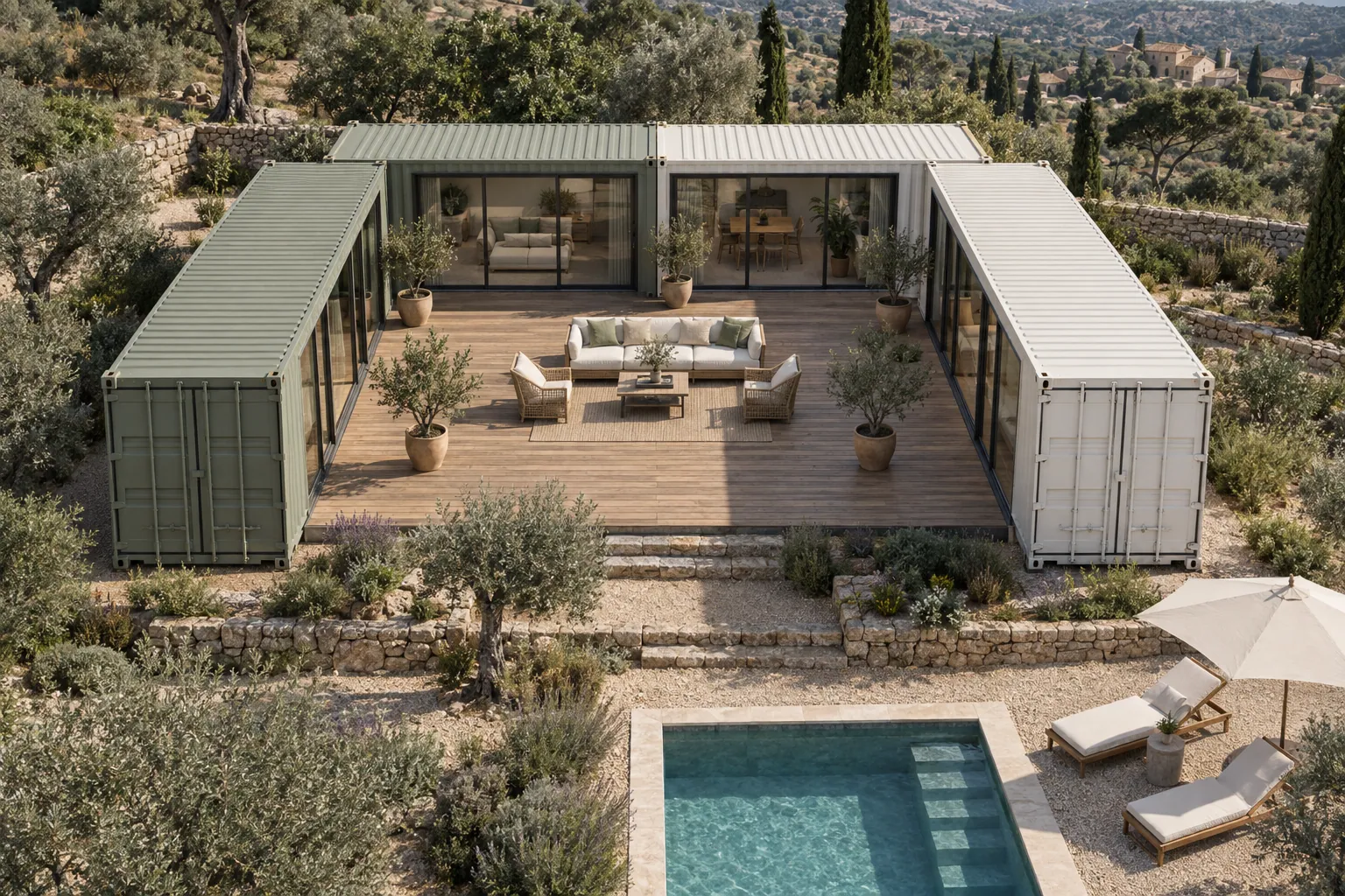 Illustration in der Draufsicht eines U-förmigen Containerhauses, grüne und weisse Container um einen Holz-Patio herum, mit einem Pool im Vordergrund