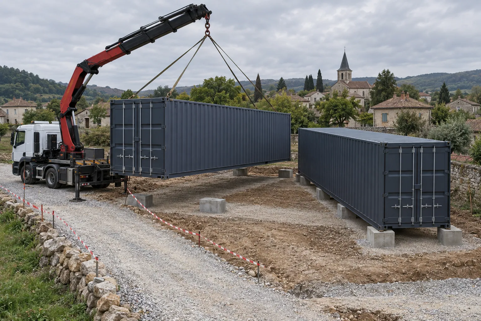 Illustration der Anlieferung eines Containers auf einem Baugrundstück: Ein Lkw mit Ladekran setzt ihn auf Betonfundamentblöcke ab, ein zweiter Container steht bereits