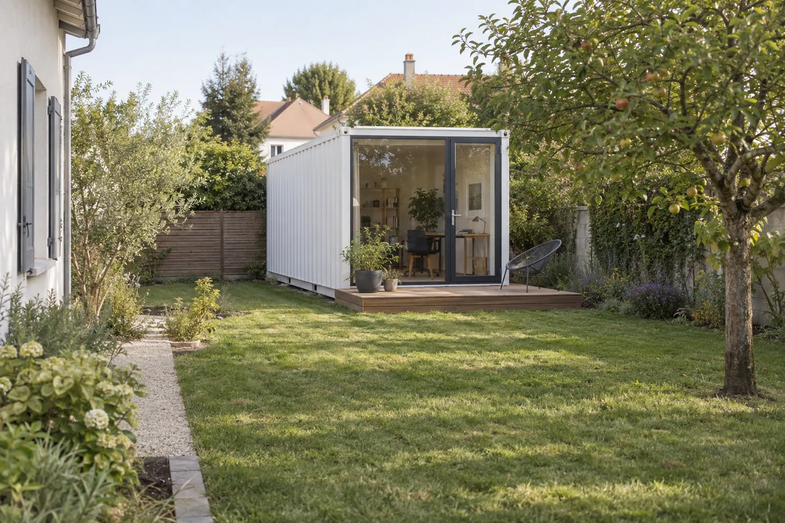 Illustration eines Gartenstudios in einem weißen Container, verglaste Front und kleine Holzterrasse, am Ende des Gartens eines Hauses